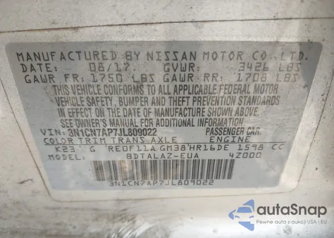 2018 Nissan Versa 1.6 S+ из США, поврежденный, VIN 3N1CN7AP7JL809022